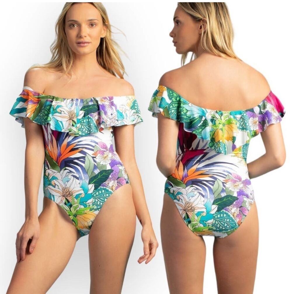 Trina Turk Amazonia Off The Shoulder One Piece Swimsuit Tropical Floral 6